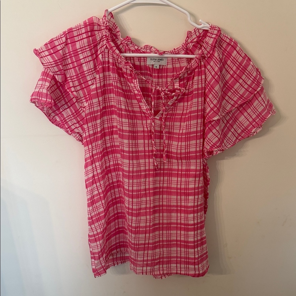 Olivia James Pink Plaid Short Sleeve Tie-Neck Blouse